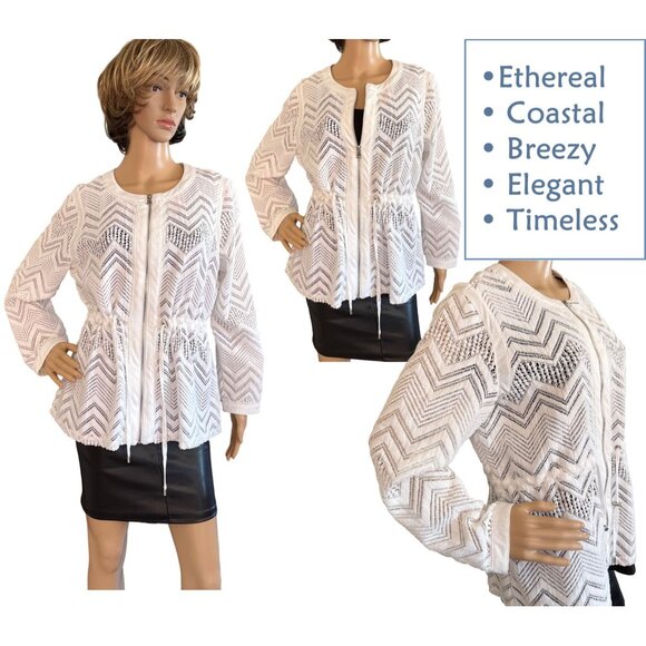 Ruby Rd White Lace Zip Jacket Size Medium Cardigan Ethereal Coastal Timeless - Picture 10 of 12